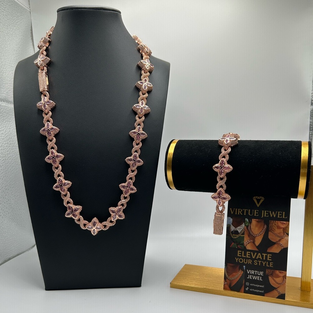 Flower 4 Leaf Clover Iced Out Premium Quality Chains & Bracelet Rose Gold Pink